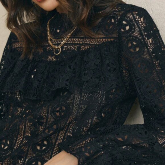 NEW Sezane Style Black Lace Ruffle Long Sleeve Blouse size XL 12 - Picture 4 of 7